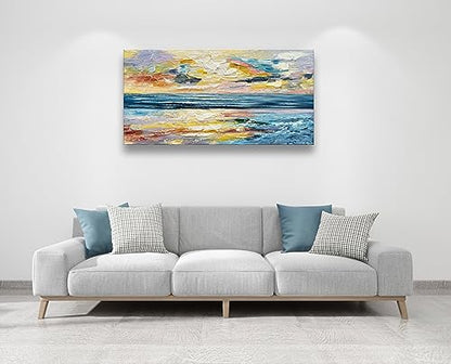 Art Hand Painted Ocean Landscape Oil Painting Sea Sunset Landscape Modern Abstract Art Home Wall Decoration 24x48 Inches - color: Yi031