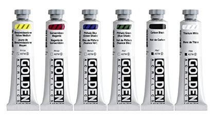 Golden Artist Color Heavy Body Acrylics, 6-Color Essentials Set, Professional Acrylic Paint Set, Set of 6 Tubes, 2 Fl. Oz. Each, with Golden Artist Tube Cap Opener Tool and Sticky Notes