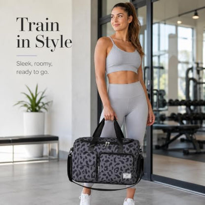 FIORETTO Women's Gym Duffle Bag with Shoes Compartment, 30L Capacity, Ideal for Travel, Gym, Sports, Duffel, Weekender - color: Leopard Grey, style: Gym Bag With Toiletry Bag