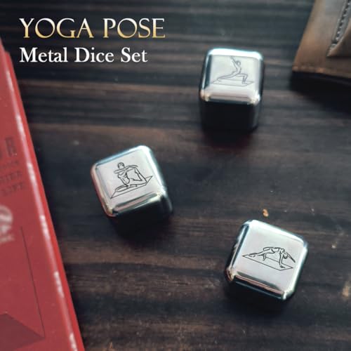 Metal Yoga Dice Set, 3Pcs Laser Engraved Yoga Pose Pattern Stainless Steel Rolling Dices with Velvet Bag for Women Yogis