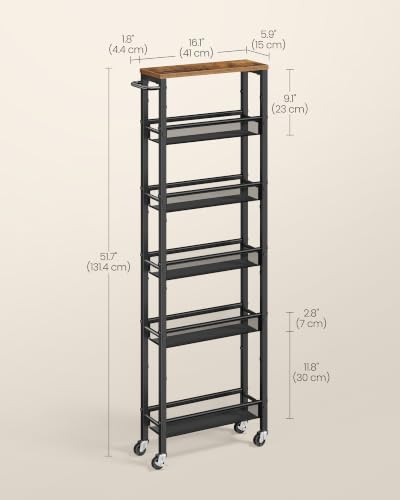 VASAGLE 6-Tier Utility Rolling Laundry Cart, 17.9 x 5.9 x 51.7 inch - color: Rustic Brown + Matte Black, size: 6 Tiers (5.9"D x 51.7"H)