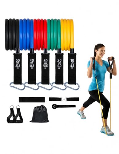 Resistance Bands Set 150 lbs - 5 Stackable Workout Bands with Handles, Door Anchor & Ankle Straps - Home Gym Equipment for Men Women - Strength Training & Physical Therapy