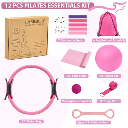 HASHMUST Pilates Ring Kit 12 PCS for Women, Home Workout Equipment with Magic Circle, Mini Exercise Ball, Resistance Bands, Massage Lacrosse, Yoga Strap, Full-Body Fitness Set for Toning & Gift - color: Pink