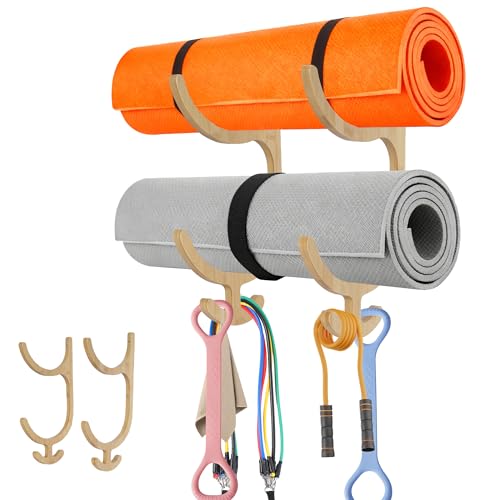 Wooden Yoga Mat Holder Wall Mount with 4 Hooks, Yoga Mat Storage | Yoga Mat Storage Rack Organizer, Home Gym Decor, Garage Gym Accessories Storage Organizer, Resistance Band Wall Mount