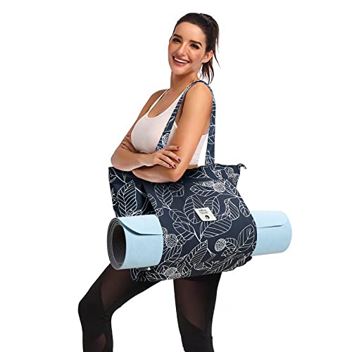 WLLWOO Yoga Mat Carrier Bag for Women Canvas Carryall Tote Gym Pilates | Large Holder Zipper Shoulder for Beach Travel Workout Fitness Office - color: Leaf