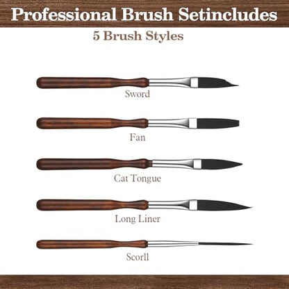 5 Pcs Starter Pinstriping Brush, High Performance Striping Brushes Set with Sword Liner Flat Head for Detail Art Painting Birch Wood Handle Nylon Bristles - color: Brown