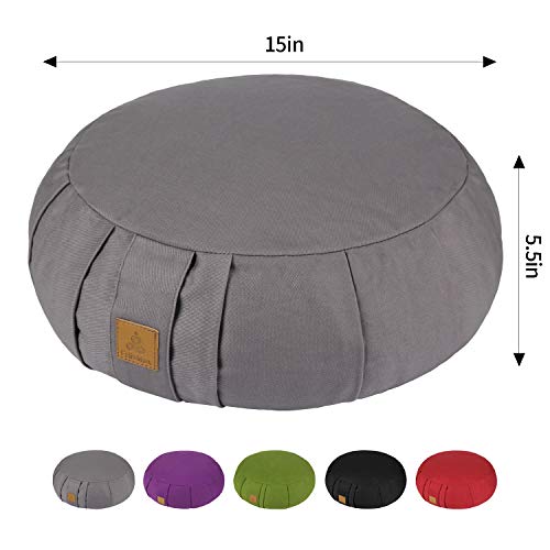 Round Zafu Meditation Cushion, D=15" H=5.5" Zabuton Meditation Pillow, Yoga Bolster/Pillow, Floor seat, Zippered Organic Cotton Cover, Natural Buckwheat, Kneeling Pillow - color: Black