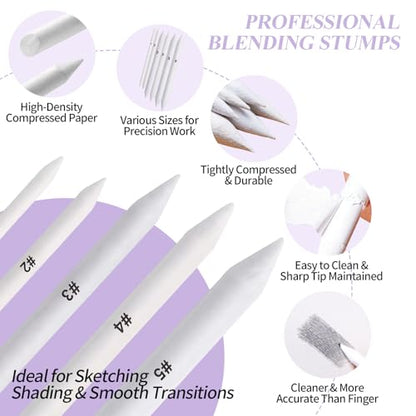 15 PCS Blending Stumps and Blending Sponge Pens with Sandpaper Pencil Sharpener, Tortillions Blending Sticks for Shading Complete, Blending Pencils for Student Artist Charcoal Sketch Drawing Tools - size: 15pcs