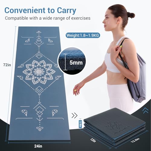 Avoalre Folding Yoga Mat, Eco-Friendly PVC Travel Yoga Mat Packable, Double Sided Non-Slip Printed Yoga Mats with Bag for Home Workout Gym Exercise Fitness Pilates Stretching (72" x 24" x 1/5" Thick) - color: Blue