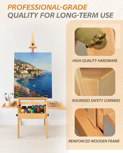Painting Art Easel with Storage, 57"-72" Height Adjustable Easel Stand | Foldable beech wood easel with drawer trays,H-frame artist easel stand for painting,Wooden floor easel holds canvas up to 36" - color: Natural Wood