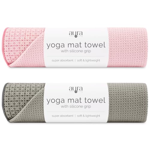 S&T INC. Aura Microfiber Yoga Mat Towel with Grip, 2pk, 24" x 72", Assorted | Silicone Grip Backing, Soft and Absorbent, Quick-Dry for Gym, Pilates, and Hot Yoga, Compact for Gym Bag, Machine Washable - color: Pink & Grey