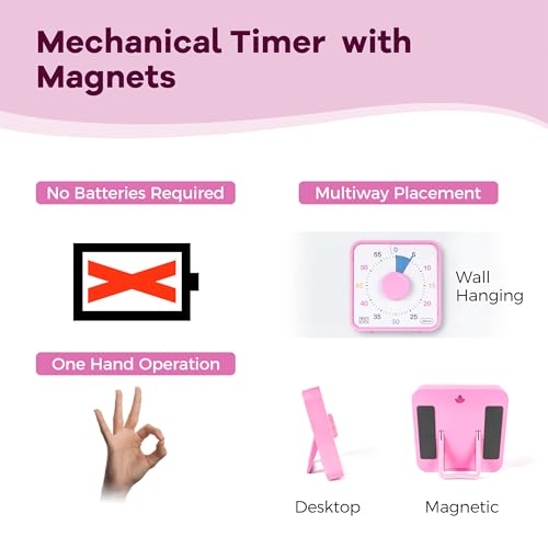 TWENTY5 SEVEN Countdown Timer 7.5 inch, 60 Minute 1 Hour Visual Timer for Classroom Teaching Tool Office Meeting, Mechanical Countdown Clock for Kids Exam Time Management Magnetic, Ombre Pink Macarons - color: Ombre Pink Macarons