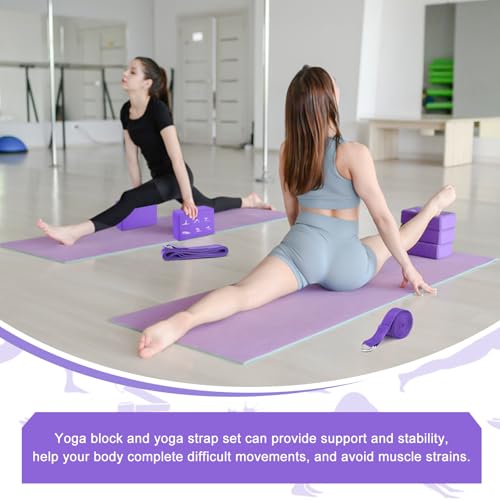 RETON 2 Pack Yoga Blocks and 2 Yoga Straps Set, Soft Non-Slip Yoga Block for Pilates, High Density EVA Foam Yoga Brick with Yoga Strap for General Fitness, Stretching, Improve Strength and Flexibility - color: Purple