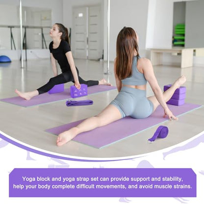 RETON 2 Pack Yoga Blocks and 2 Yoga Straps Set, Soft Non-Slip Yoga Block for Pilates, High Density EVA Foam Yoga Brick with Yoga Strap for General Fitness, Stretching, Improve Strength and Flexibility - color: Purple