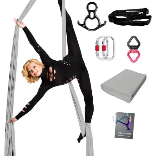 PRIOR FITNESS Pro Aerial Silks Kit, SGS&CE Certified, 9/15/20Yards | Thick Low Stretch 100% Nylon Fabric w/3126 lbs MBL, Eco-Friendly & Fade Resistant, W/Rigging Hardware, Solid Colors - color: Silver, size: M(15 Yards)