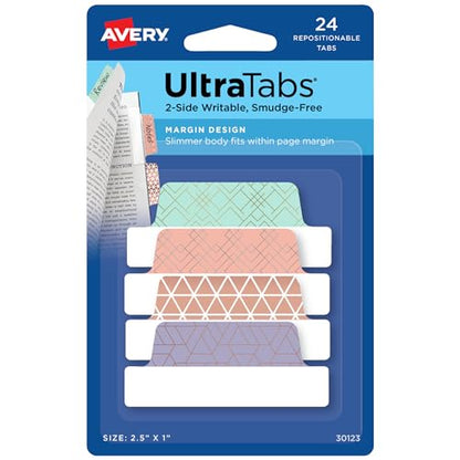 Avery Margin Ultra Tabs, 2.5" x 1", Assorted Metallic Geometric Designs, 24 Repositionable Page Tabs (30123) - color: Metallic Geometric, style: 24 tabs