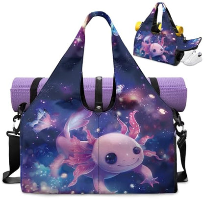 Gym Bag with Yoga Mat Holder Large Tote Bag With Multi Pockets for Women Men Dry Wet Separated Pocket Carryall Yoga Tote Bag for Pilates Travel Workout Office - color: Galaxy Axolotl