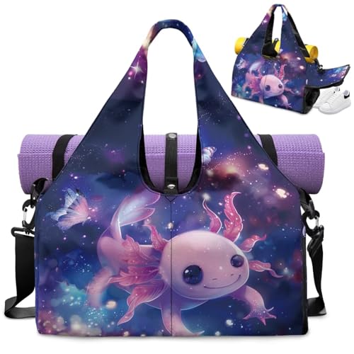 Gym Bag with Yoga Mat Holder Large Tote Bag With Multi Pockets for Women Men Dry Wet Separated Pocket Carryall Yoga Tote Bag for Pilates Travel Workout Office - color: Galaxy Axolotl