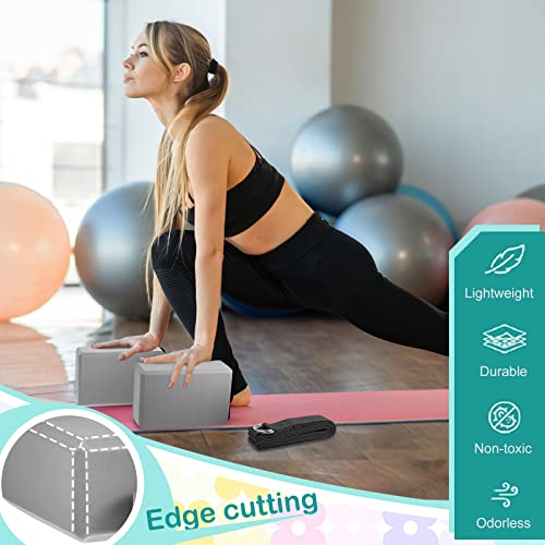 Meooeck 18 Pcs Yoga Blocks and Strap Set Include 12 EVA Foam Yoga Blocks Bulk 9"x6"x3" with 6 Adjustable 8 ft Straps D Ring Non Slip Props for Stretching Pilates Workout Studio Home Gym - color: Grey