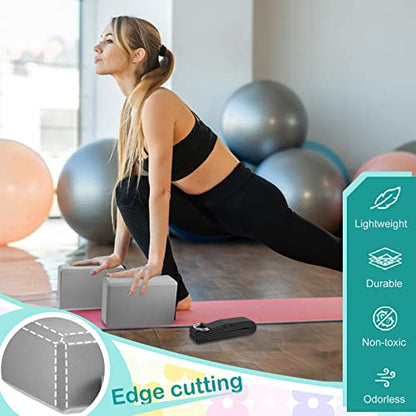 Meooeck 18 Pcs Yoga Blocks and Strap Set Include 12 EVA Foam Yoga Blocks Bulk 9"x6"x3" with 6 Adjustable 8 ft Straps D Ring Non Slip Props for Stretching Pilates Workout Studio Home Gym - color: Grey