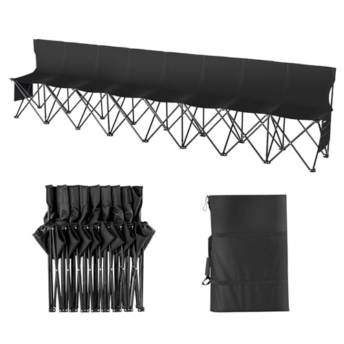 VEVOR Portable Folding Bench, 8 Seats Foldable Sideline Bench, Outdoor Camping Chair with Carry Bag & Backrest, Team Sport Sideline Bench for Football Fishing, No Assembly Instant Seating, Black - color: Black, size: 8 seat