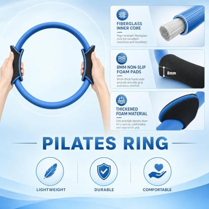 Pilates Kit, Home Pilates Equipment for Women, Workout Kit with 14.5" Pilates Ring and Ball,Yoga Block, Yoga Knee Pad Mats, Resistance Bands, Grip Socks Accessories，Blue