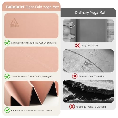 IwIeIaIrI Foldable POE Non Slip Yoga Pilates Mat– 1/4" (6mm) Thick | Foldable Lightweight with Carry Strap, Portable for Home Workout, Pilates, Travel & Gym Mat - color: Pink