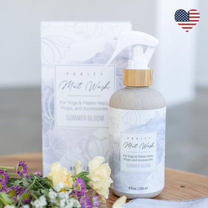 Organic Yoga Mat Cleaner Spray | 8oz Summer Bloom with Microfiber Cloth | Made in the USA | Safely and Effectively Cleans All Mats and Pilates + Yoga Accessories