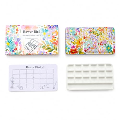 Bower Bird Travel Watercolor Palette,Portable Ceramic Palette,Empty Paint Palette,Small Travel Metal Paint Boxwith Porcelain Palette (18Well) - color: Pink