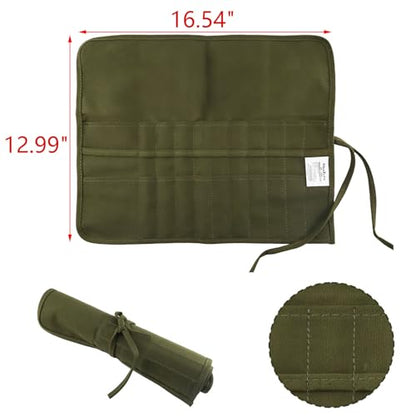 Green Canvas Paint Brush Holder Roll-up Case Bag, 22 Slots Pockets Carry Pouch Artist Brush Storage Organizer, 16.54" L x 12.99" W