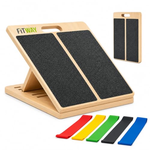 Adjustable Wooden Slant Board, 5-Level Calf Stretcher for Mobility & Rehab | Non-slip velour surface, 5-level incline, 5 resistance bands. Foldable, portable for home gym, physical therapy & rehab use.
