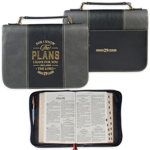 Christian Art Gifts Classic Vegan Leather Premium Inspirational Bible Cover for Men & Women: Know the Plans Encouraging Scripture Verse, Pen Loops, Ribbon Bookmark, Pockets, Charcoal/Black/Gold, Large - size: Large