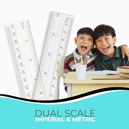 Clear Plastic Ruler 12 Inch, 50-Pack, Rulers Bulk for Classroom | School rulers with metric and imperial markings for students and teachers; clear design keeps lines and measurements visible