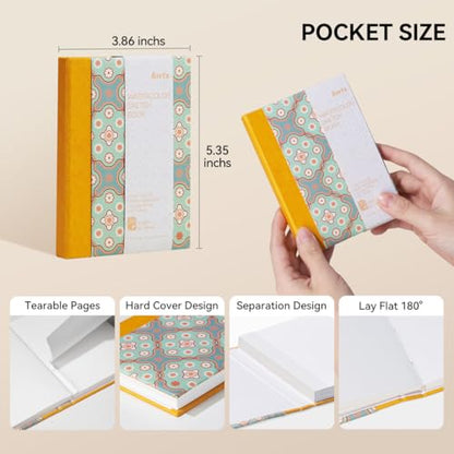 Arrtx 2-Pack Watercolor Sketchbook, 5.35x3.86 Hot Press | 100% Cotton, Acid-Free, 140LB/300GSM, Hardcover, 40 Sheets. Ideal Travel Journal for Artists & Students - size: 2 Pack