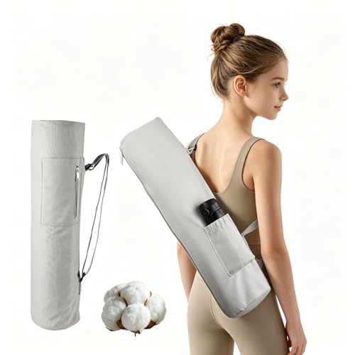 Cotton yoga mat bag with Pockets and Adjustable Strap - Full Zip Cargo Yoga Mat Carrier Bag - Bag for 1/4" 1/3" Thick Yoga Mat - color: Grey, size: L