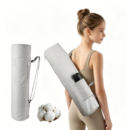 Cotton yoga mat bag with Pockets and Adjustable Strap - Full Zip Cargo Yoga Mat Carrier Bag - Bag for 1/4" 1/3" Thick Yoga Mat - color: Grey, size: L