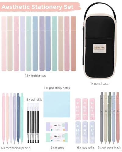 SKYDUE Aesthetic School Supplies Kit, 38 PCS Stationery Set with Large Pencil Case, Pens, Mechanical Pencil Set, Highlighters, Sticky Notes & Refills for Students, College & Back to School Black - color: Black