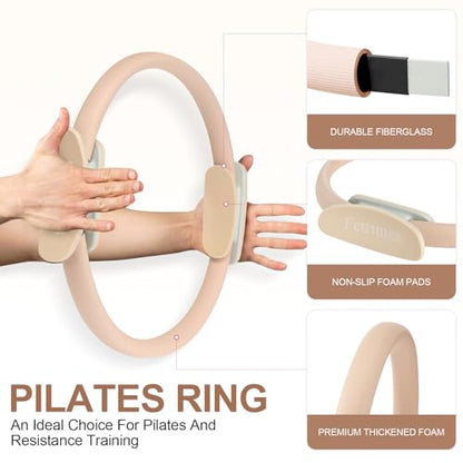 Pilates Ring 15 Inch Magic Circle Ring, Dual Padded Handles Pilates Exercise Circle, Adjustable Yoga Ring - color: Beige