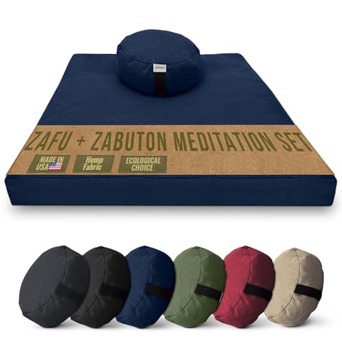 Meditation Cushion Mat Set HEMP - Round Zafu Floor Pillow Organic Buckwheat Pillow + Cotton Filled Zabuton Prayer Pad - Meditation Pillow Yoga Knee Pad - Made in USA - 14" Round, BLUEBERRY Hemp - color: Blueberry - Hemp, size: Round Combo