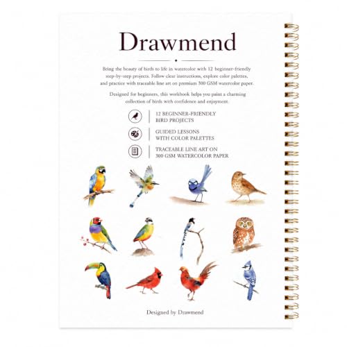 Drawmend Watercolor Workbook for Beginners, 11x8.3 in Large Size Water Coloring Book, 300 GSM Premium Thick Paper Lay-Flat Spiral for Adult,12 Step-by-Step Projects (Birds, Without Palette) - color: Birds, size: Without Palette
