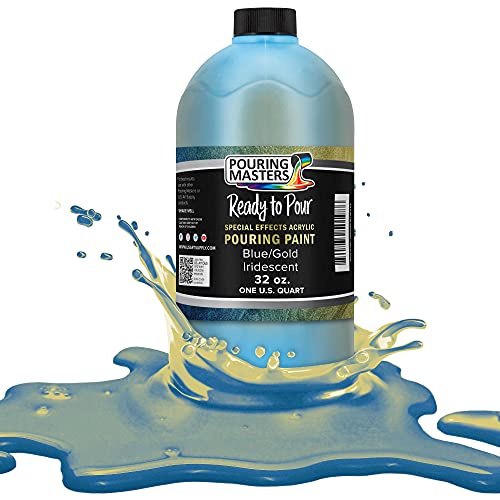 Pouring Masters Blue/Gold Iridescent Special Effectsr Acrylic Pouring Paint - Premium 32-Ounce Pre-Mixed Fluid Acrylic Paint - Fluid Art Supplies for Canvas, Wood, Paper, Tile & Rocks - color: Blue/Gold, size: 32 Fl Oz (Pack of 1)