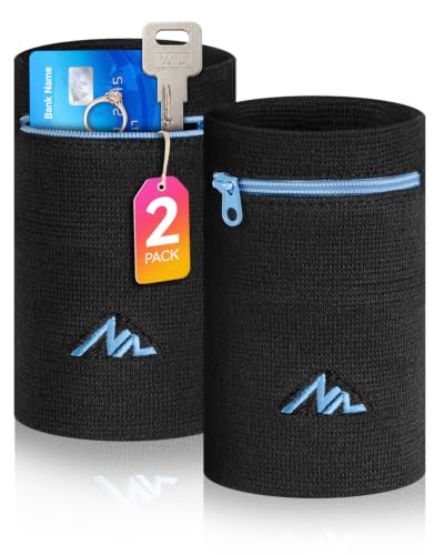 NEWZILL Wrist Wallet Wristband with Zipper - Cotton Sweatbands for Men & Women, Ideal for Running, Walking, Basketball, Football, Tennis, Hiking - color: Black/Blue, style: Small-2PCS