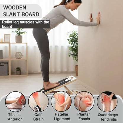 Slant Board for Calf Stretching,Balance Board,Adjustable Calf Stretcher,400 lbs Cap,Wooden Slant Board Anti-Slip Incline Board, Ankle Support,Incl.2 Resistance Bands,Instruction Card & Sand Paper.