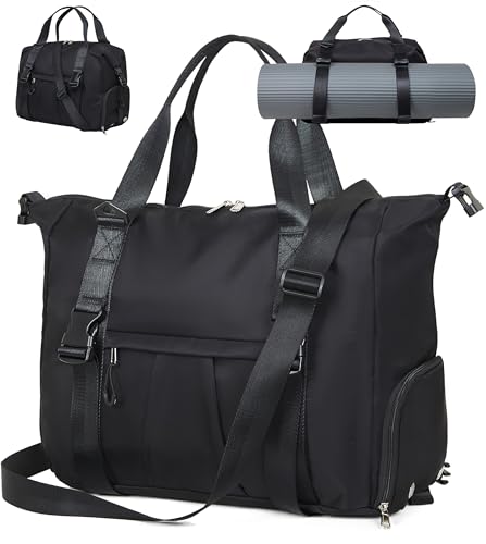 Gym Bag with Yoga Mat Holders, Carry On for Pilates Women & Men with Laptop & Shoe Compartment Large Duffle Travel Weekender Tote with Key Ring Clip Personal Item Workout, Easy to Clean - Black