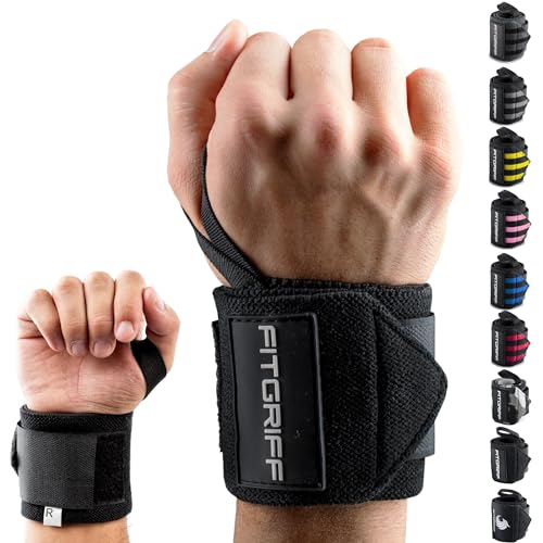 Fitgriff® Wrist Wraps for Weightlifting (18") Heavy-Duty Support for Gym, Bench Press, and Pushups (1 Pair) - for Men and Women (Black) - color: Black