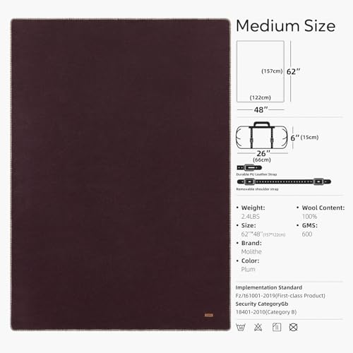 Molithe 100% Wool Blanket, 62" x 48", Warm, Thick, Military, Camping Gear - color: Plum, size: Medium
