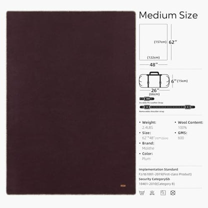 Molithe 100% Wool Blanket, 62" x 48", Warm, Thick, Military, Camping Gear - color: Plum, size: Medium
