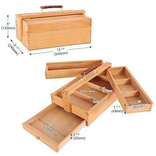 VISWIN Multi-Function Artist Storage Box, Portable Solid Beech Wooden Tool Box with Drawer, Three Layers Art Supplies Storage Box for Paint Brush, Pen, Pastel, Paining Supplies, 13 1/2" x9 1/2"x5" - size: Three Layers
