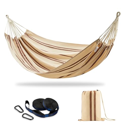 Brazilian Double Hammock with Tree Straps, Extra Large, 450 lbs Capacity - color: Beige Brown Stripe, size: X-Large
