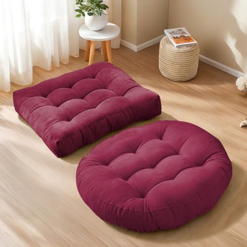 Floor Cushion Pillow Set of 2 Large Round and Square Floor Pillows for Adults Meditation Cushion Pillow Tufted Corduroy Cushions for Living Room Outdoor Yoga Tatami Fireplace,20x20 Inch (Wine Red) - color: Wine Red